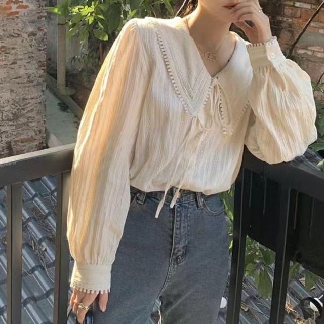 Long-Sleeve Collared Plain Lace Panel Tie Front Button-Up Blouse Product Image