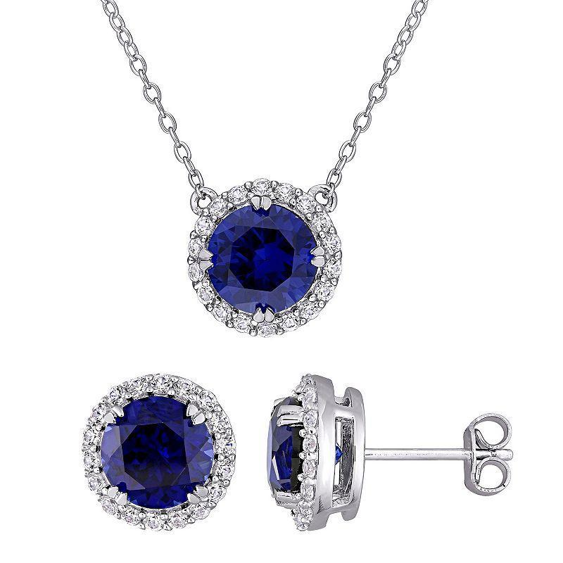 Stella Grace Sterling Silver Lab-Created Blue & White Sapphire Halo Earring & Pendant Necklace Set, Womens Product Image