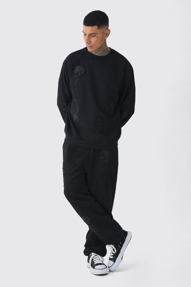 Tall Oversized Applique Sweater & Relaxed Sweatpants Tracksuit | boohooMAN USA Product Image