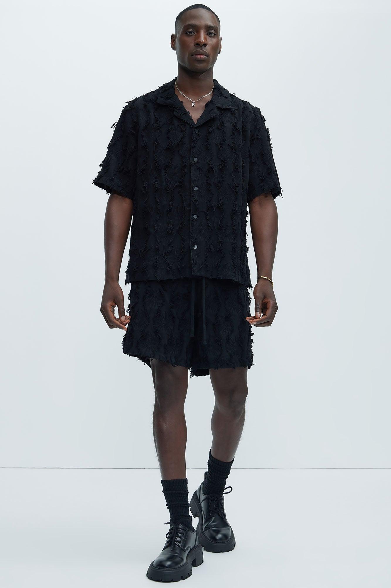 Frayed Jacquard Linen Shorts - Black Product Image