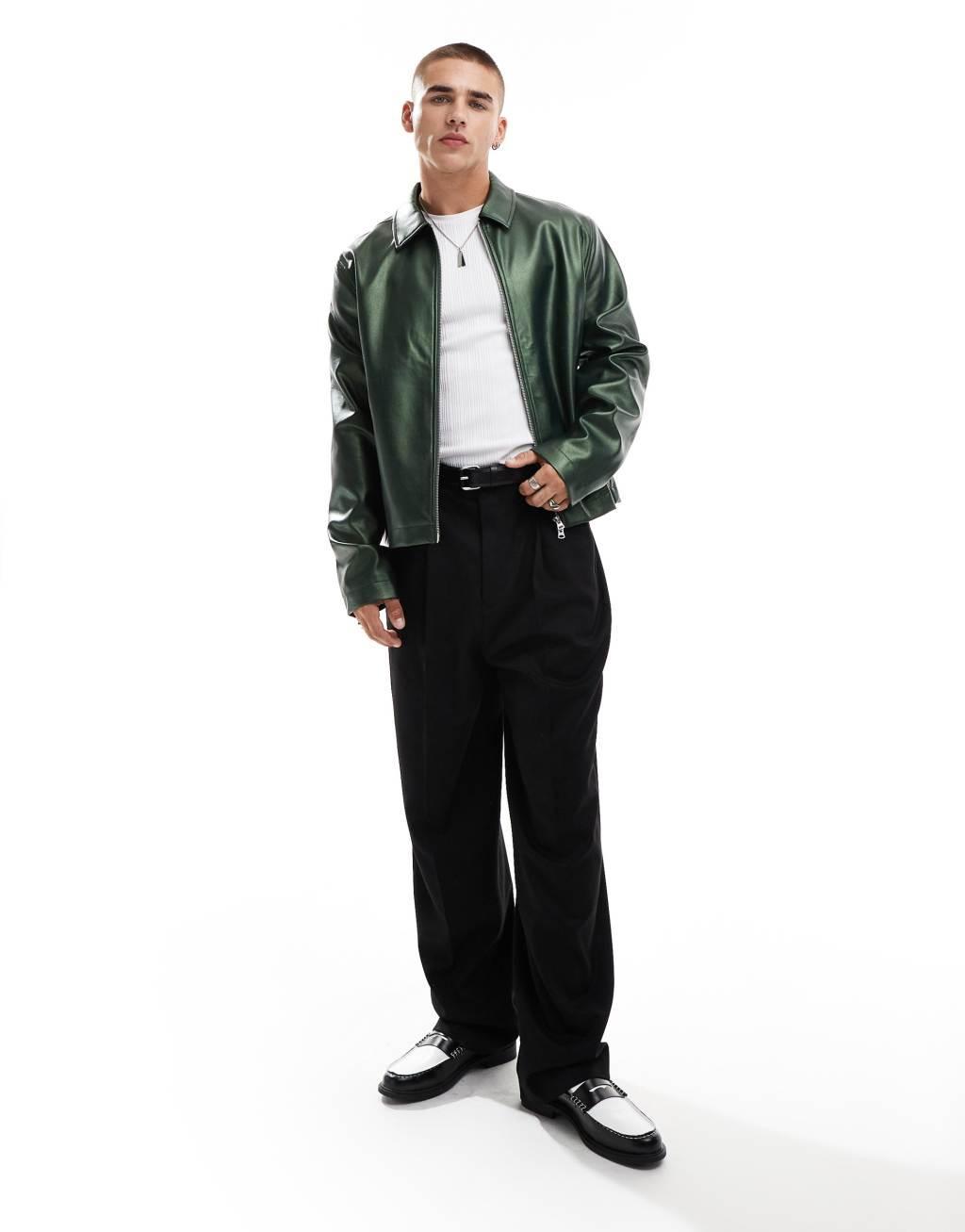 ASOS DESIGN faux leather harrington jacket in metalic green Product Image