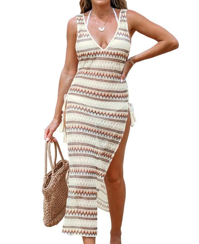 Cupshe Womens Sleeveless Lace-up Slit Crochet Cover-Up Dress - Beige Product Image