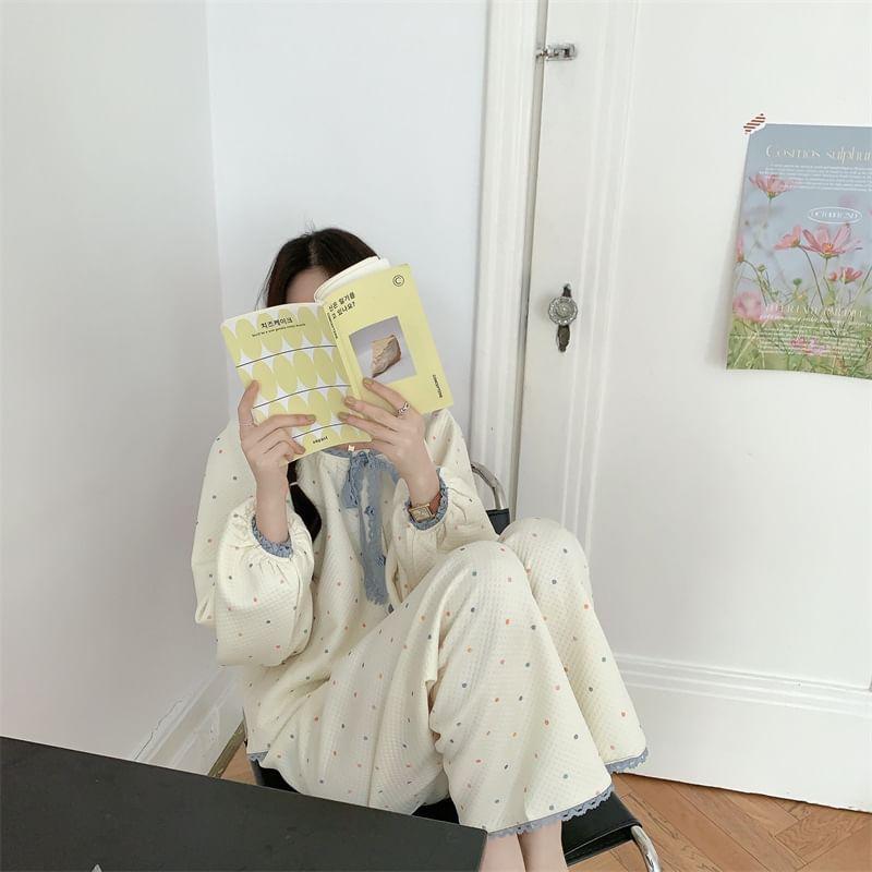 Pajama Set: Puff-Sleeve Dotted Lace Trim Button-Up Shirt + Pants Product Image