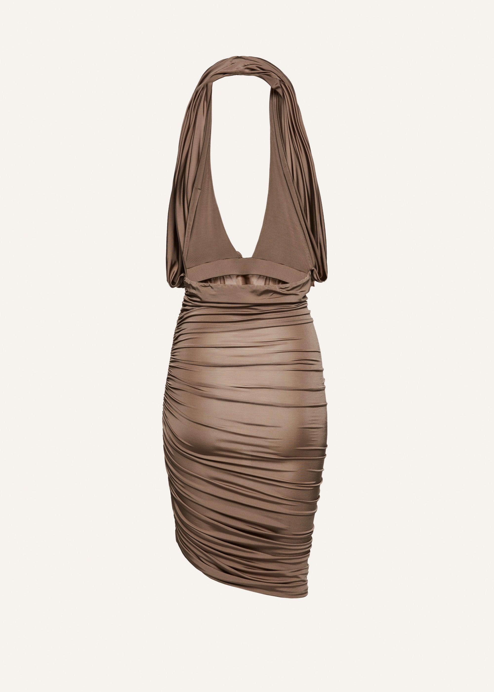 Plunge halter jersey midi dress in beige Product Image