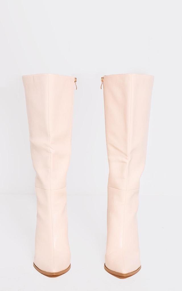 Cream Pu Point Toe Knee High Block Heeled Boots Product Image