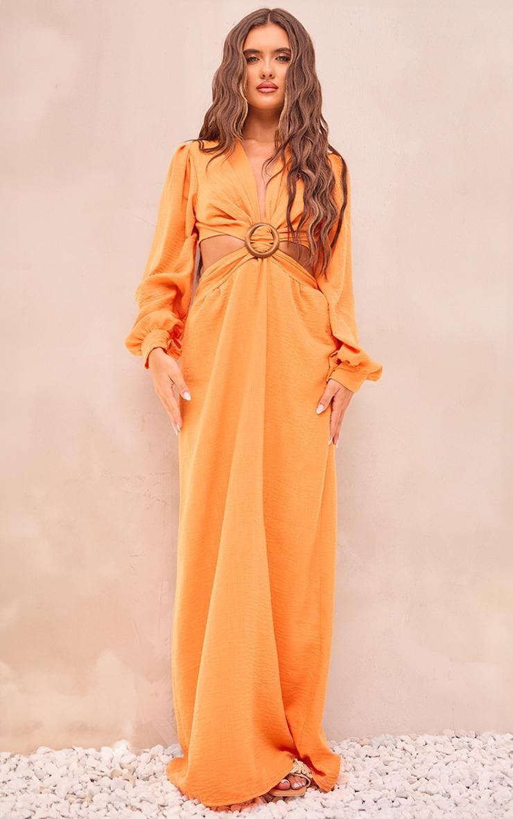 Orange Linen Look Plunge Ring Detail Maxi Dress Product Image