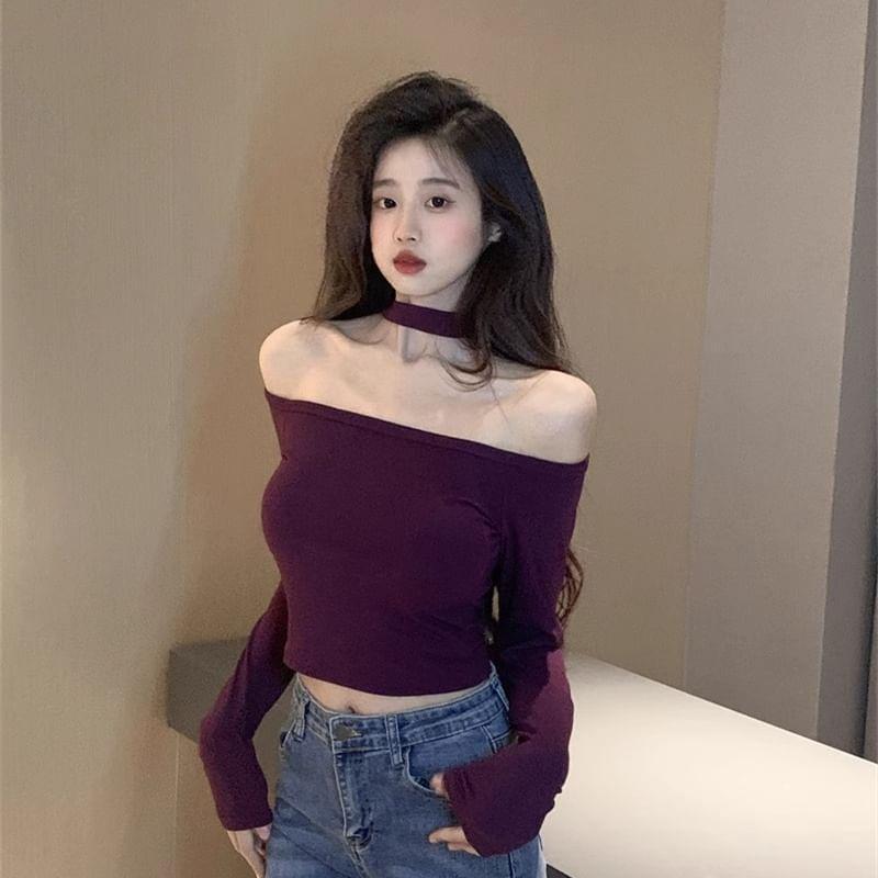 Long Sleeve Cold Shoulder Plain Top Product Image