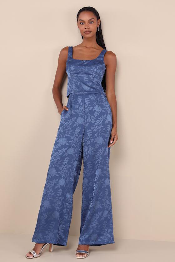 Significant Elegance Dark Blue Floral Jacquard High-Rise Pants Product Image