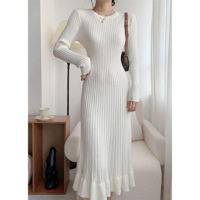 Long-Sleeve Round Neck Plain Ribbed Midi Sheath Knit Dress Product Image