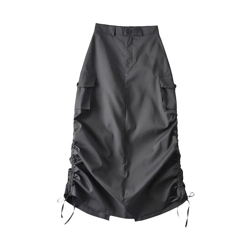 High-Waist Side-Drawstring Cargo Midi Skirt Product Image