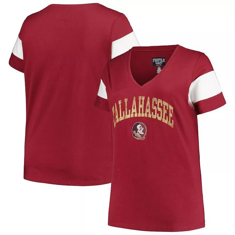 Womens Profile Heather Garnet Florida State Seminoles Plus Size Arched City Sleeve Stripe V-Neck T-Shirt Product Image