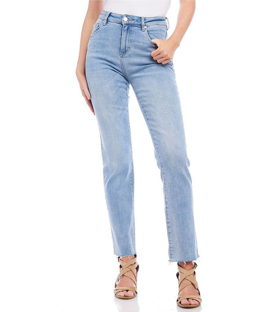 Karen Kane Ankle Length Raw Hem Straight Leg High Rise Stretch Denim Jeans Product Image