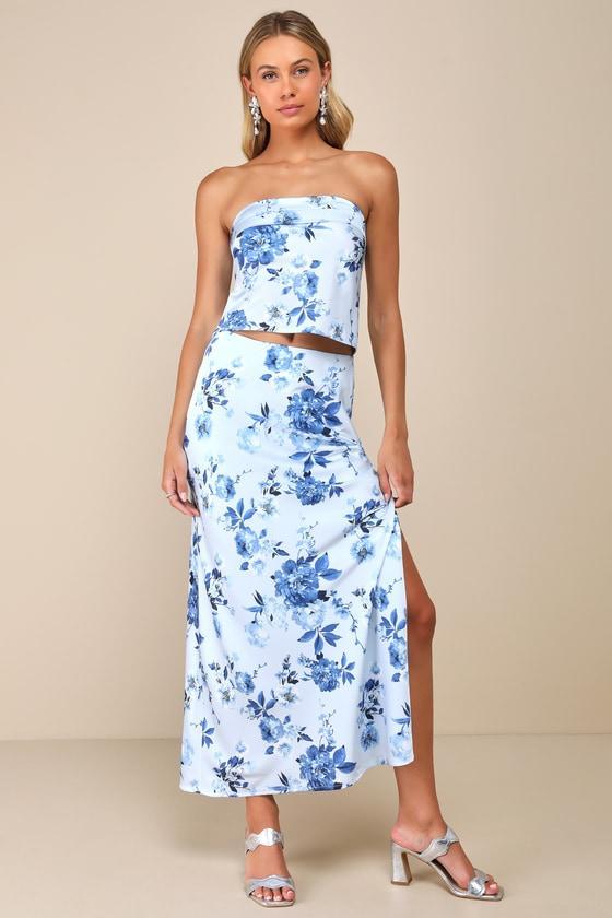 Charming Excellence Light Blue Floral Satin Midi Skirt Product Image