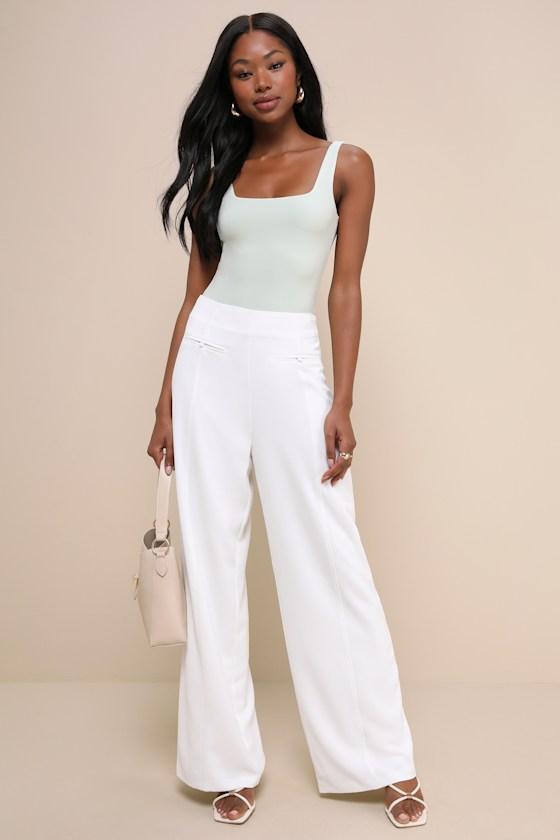 Essentially Posh Ivory Twill High-Rise Wide-Leg Trouser Pants Product Image