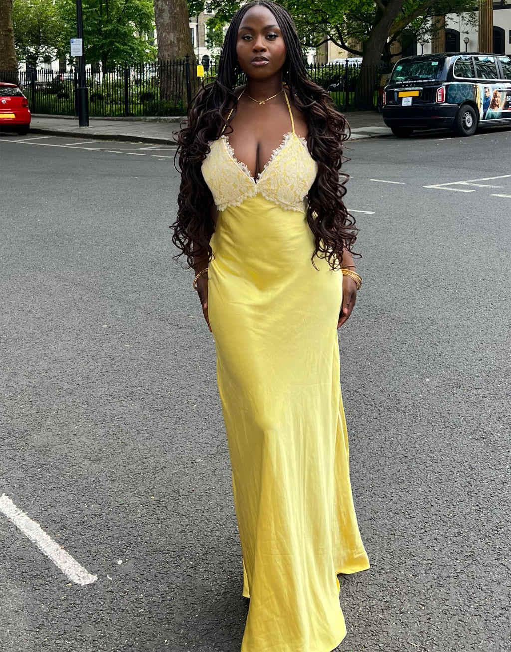 Labelrail x Sumbo Owoyele lace detail camisole satin maxi dress in yellow Product Image