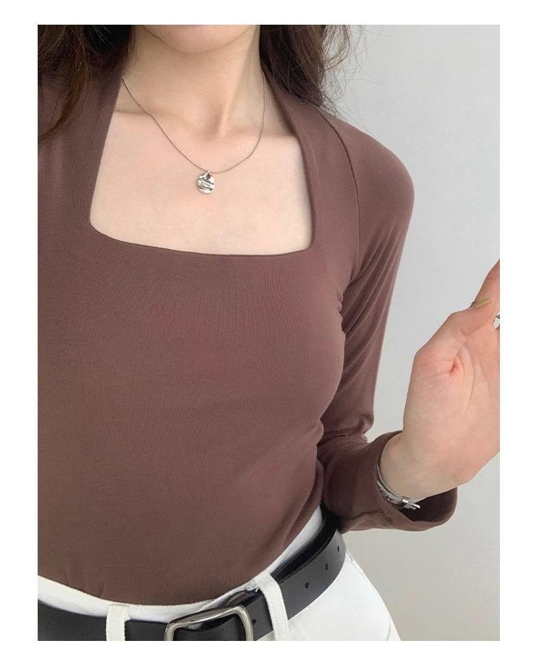 Long Sleeve Square Neck Plain T-Shirt Product Image