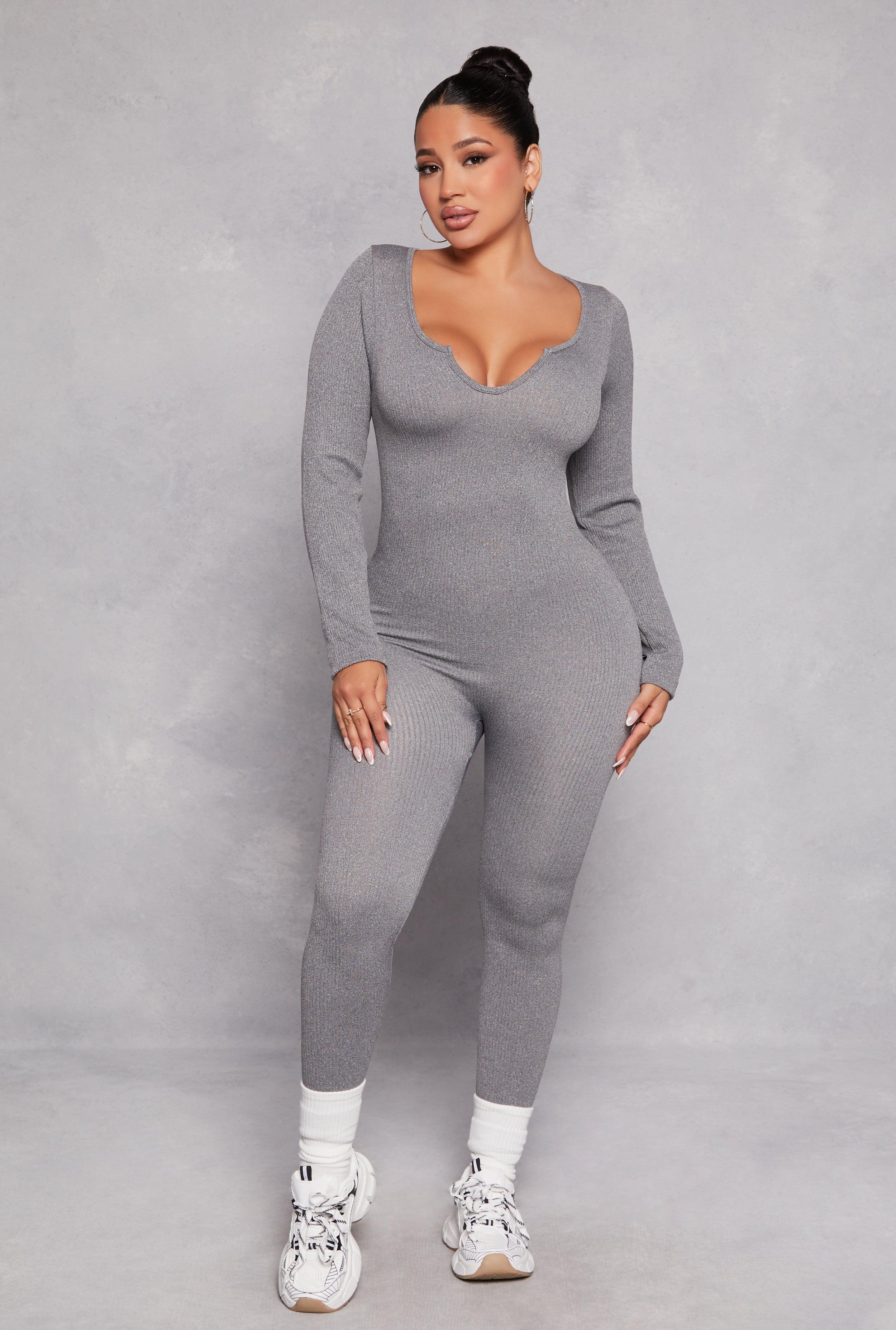 Womens Ribbed Knit Notch Neck Long Sleeve Catsuit product image