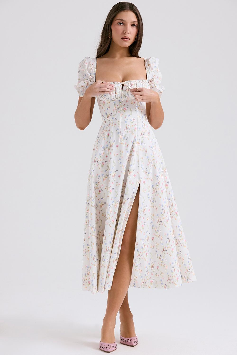 Tallulah White Posy Print Cotton Puff Sleeve Midi Sundress Product Image