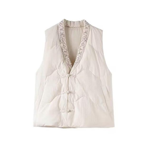 V-Neck Embroidered Quilted Button Vest Product Image