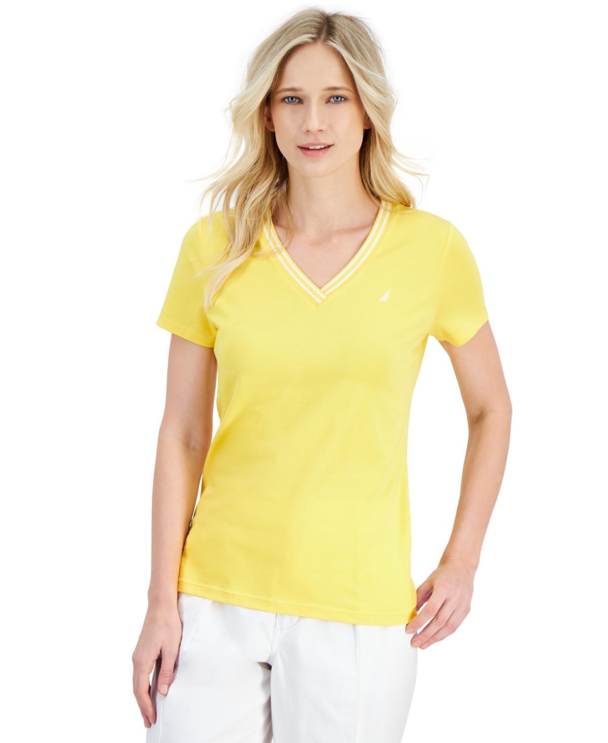 Nautica Jeans Womens Solid Stripe-Trim V-Neck Product Image