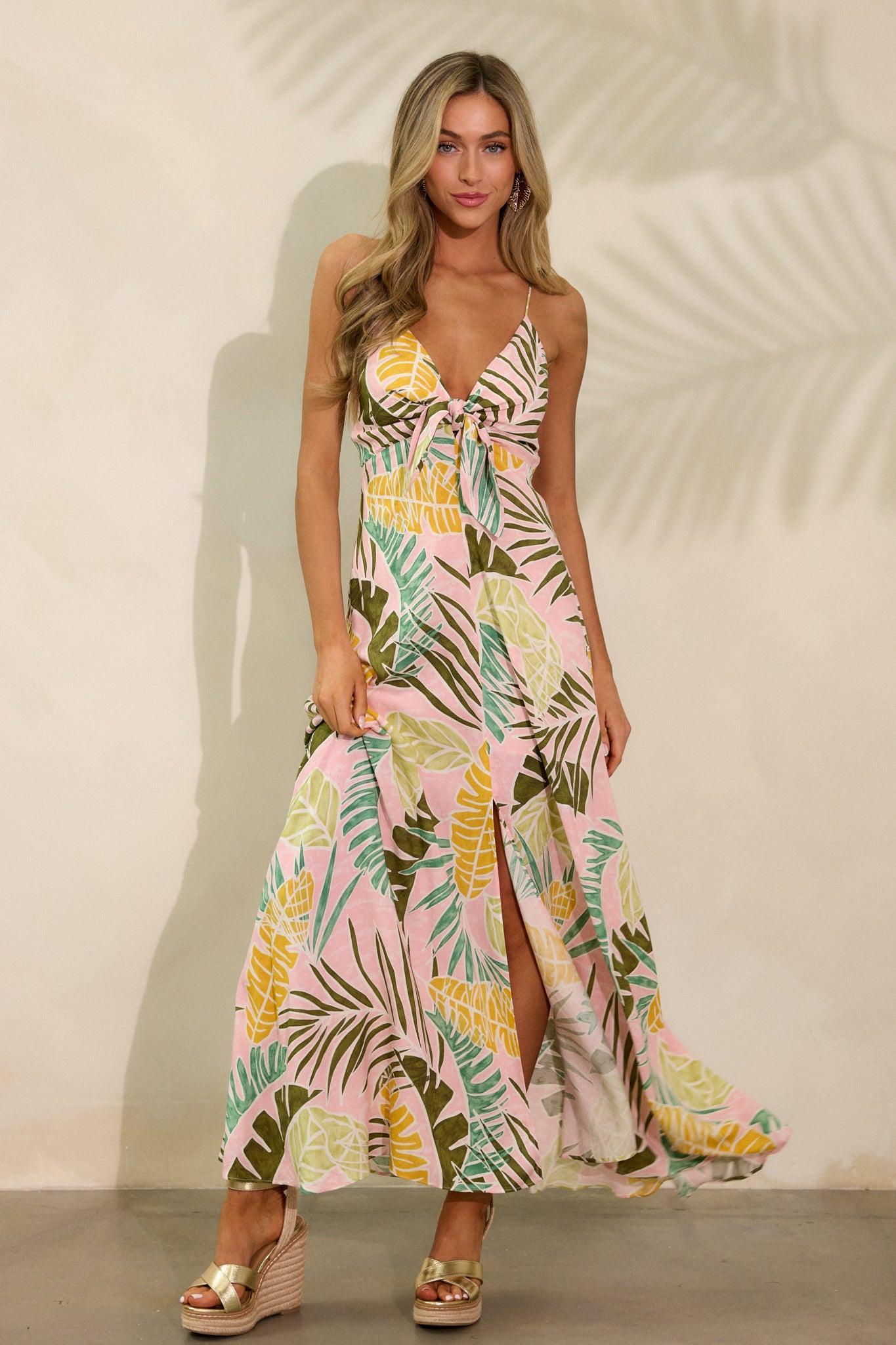 Palm Haven Light Pink Tropical Print Maxi Dress Product Image