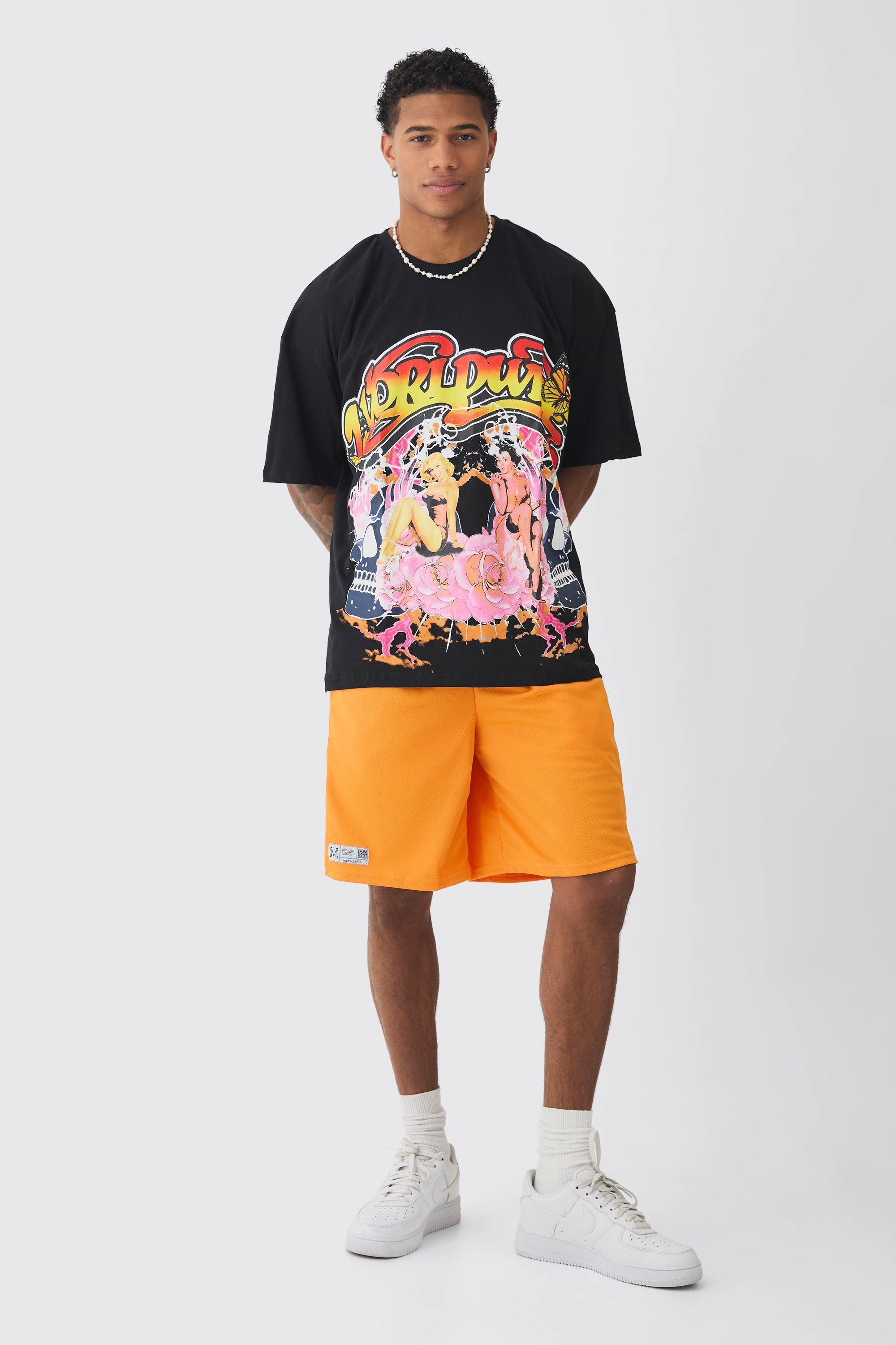 Oversized Graphic T-shirt & Mesh Short Set | boohooMAN USA Product Image