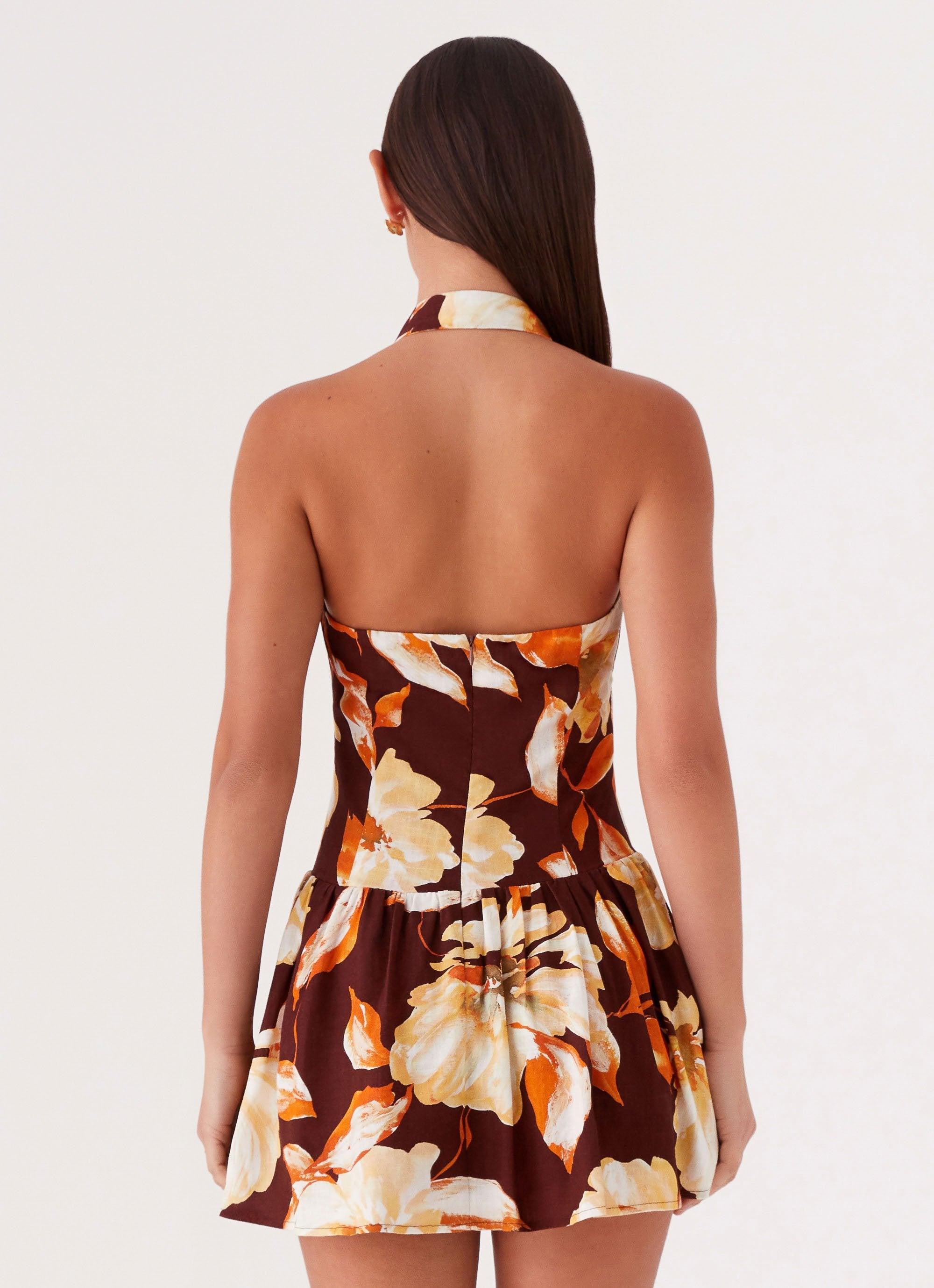 Sunset Ballad Linen Mini Dress - Brown Floral Product Image