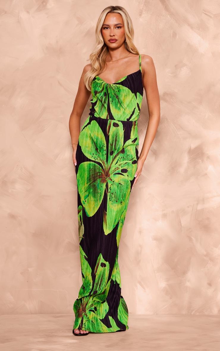 Tall Black Floral Print Plisse Strappy Maxi Dress Product Image