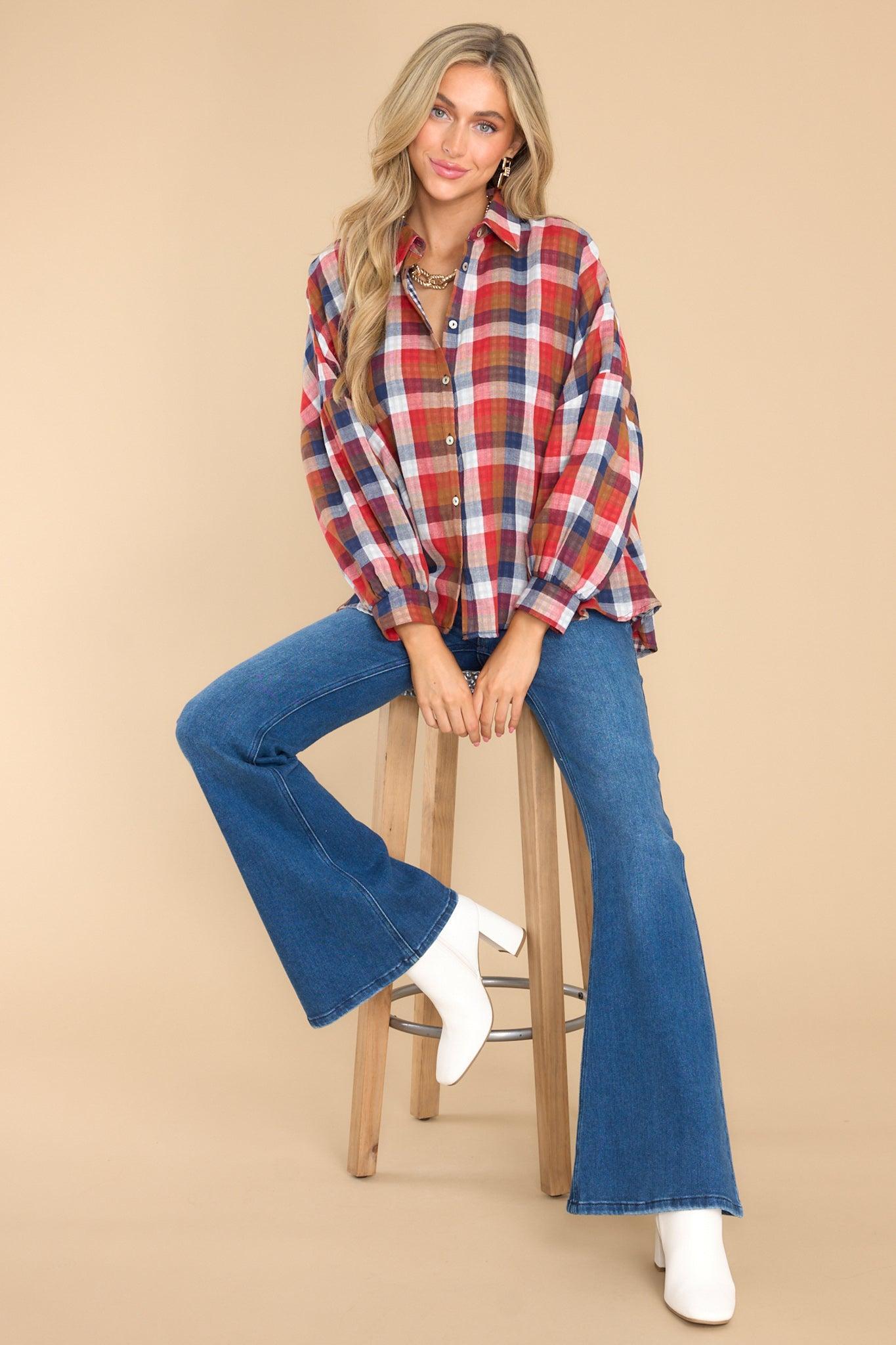 Aura Doesn't Add Up Red Multi Plaid Top Product Image