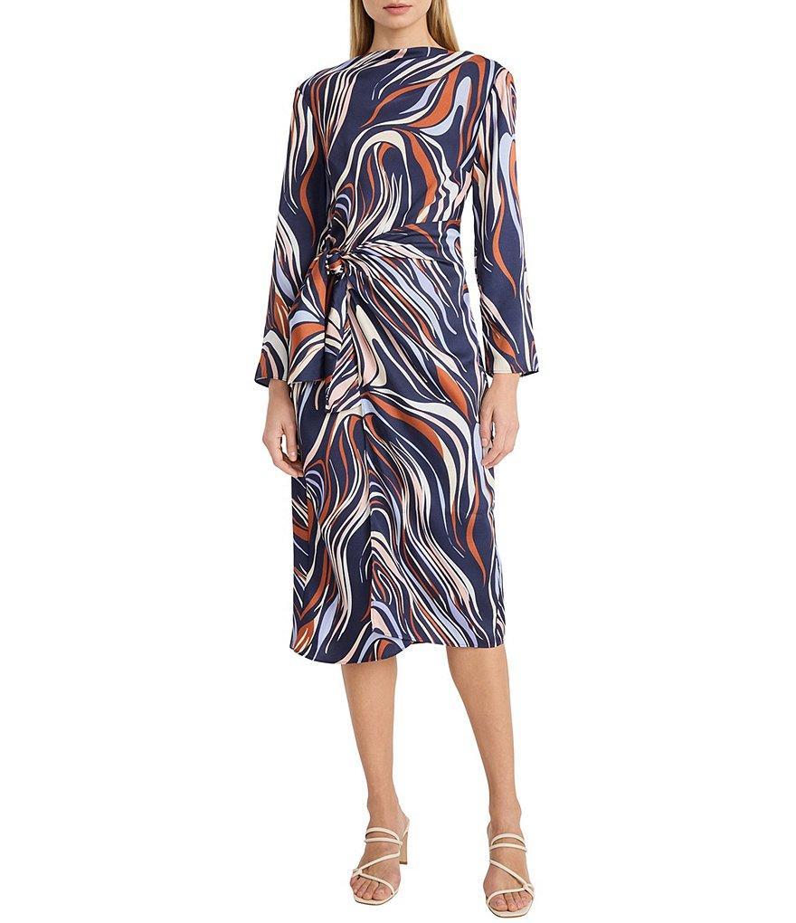 Donna Morgan Abstract Printed Twill Boat Neck Long Sleeve Tie Waist Midi Dress Product Image