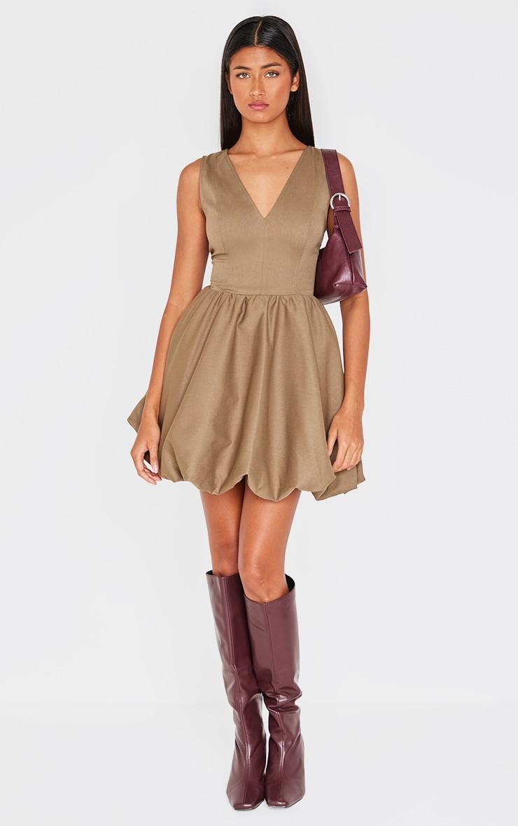 Khaki Tailored Woven V Neck Puffball Mini Dress Product Image