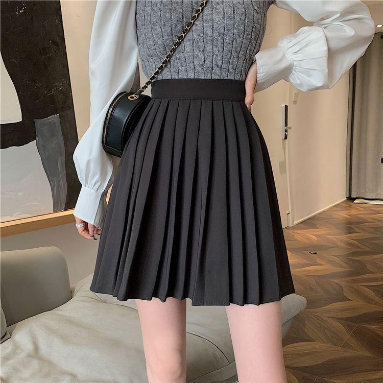 High Waist Plain Pleated Mini A-Line Skirt Product Image