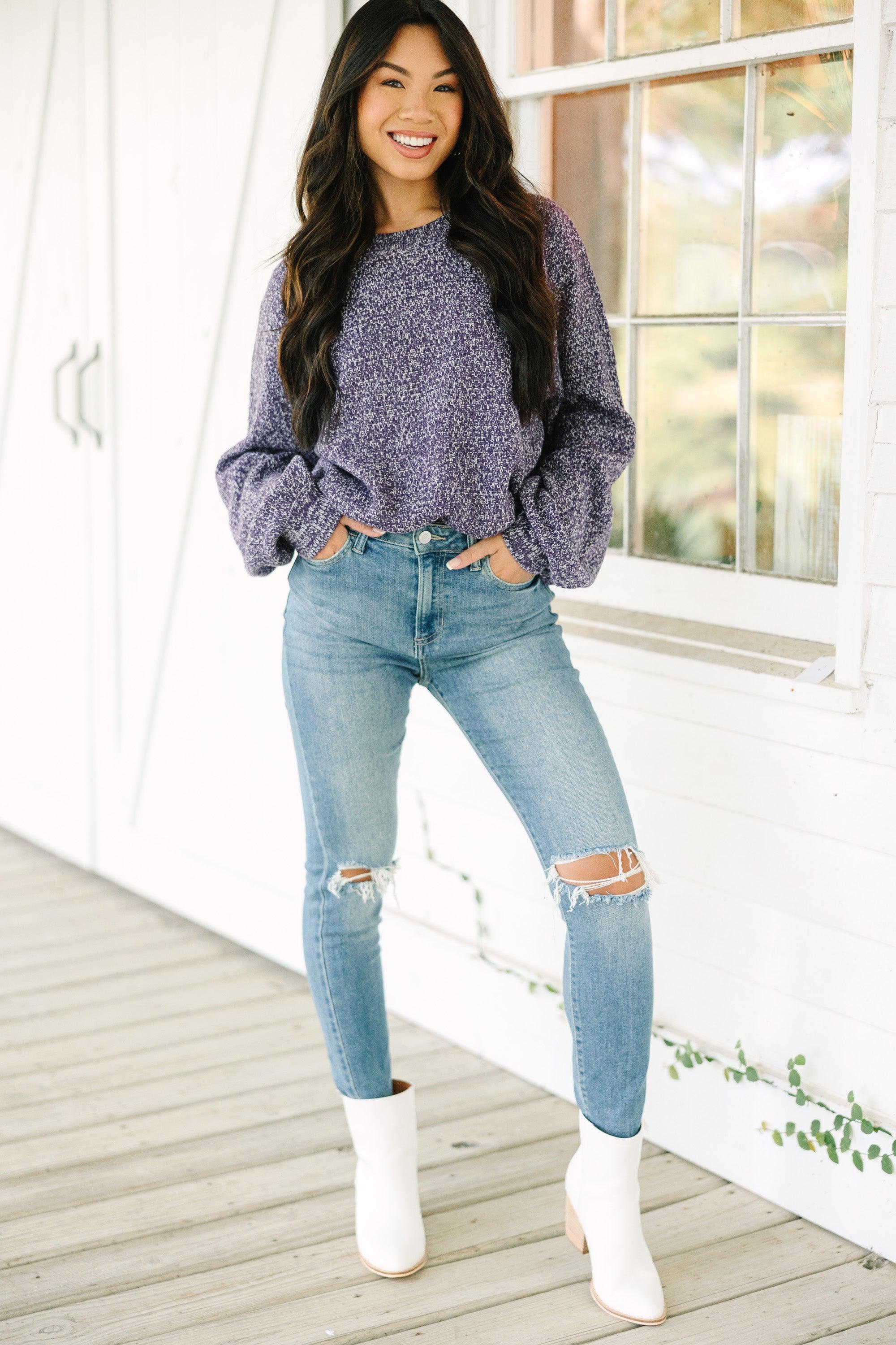 The Slouchy Plum Purple Bubble Sleeve Sweater Female Product Image