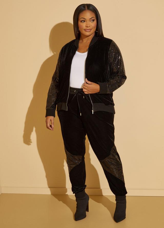 Plus Size Sequined Paneled Velour Joggers Ashley Stewart Product Image