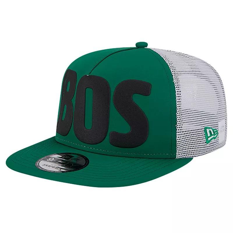 New Era Mens Kelly Green Boston Celtics Puff Print Team Code A-Frame 9FIFTY Trucker Snapback Hat - Kelly Green Product Image