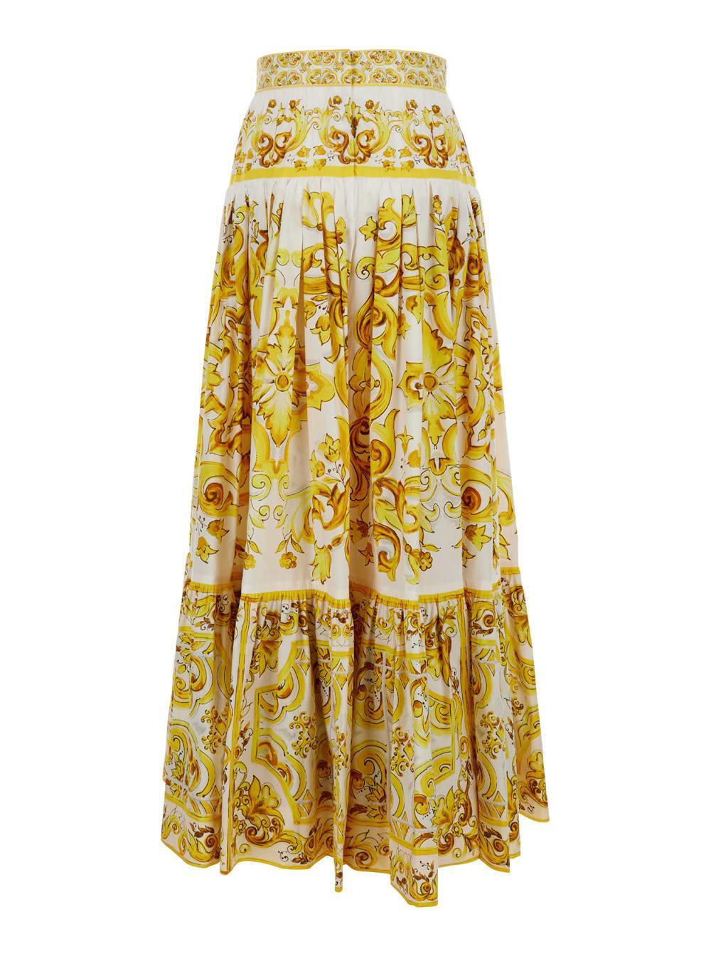 DOLCE & GABBANA Long Majolica-print Poplin Skirt With Ruffles In Yellow Product Image