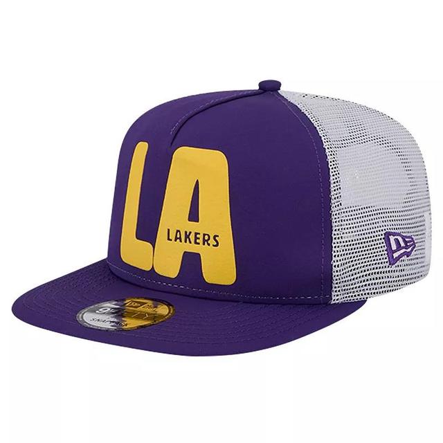 New Era Mens Purple Los Angeles Lakers Puff Print Team Code A-Frame 9FIFTY Trucker Snapback Hat Product Image