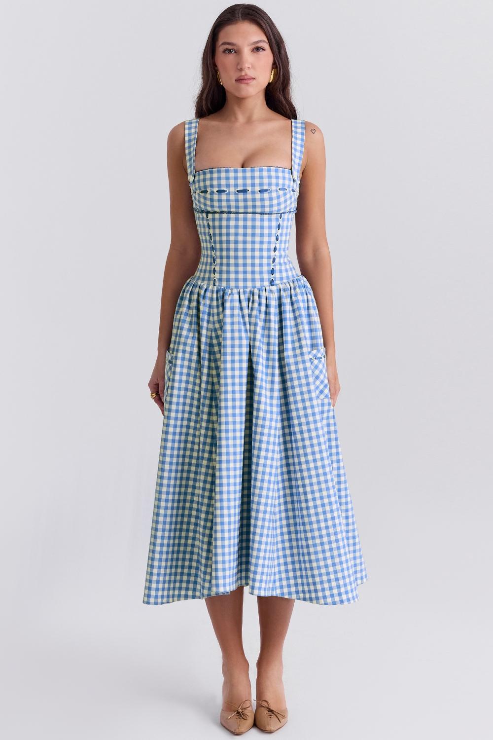 Vivien Regatta Blue Gingham Midi Sundress Product Image