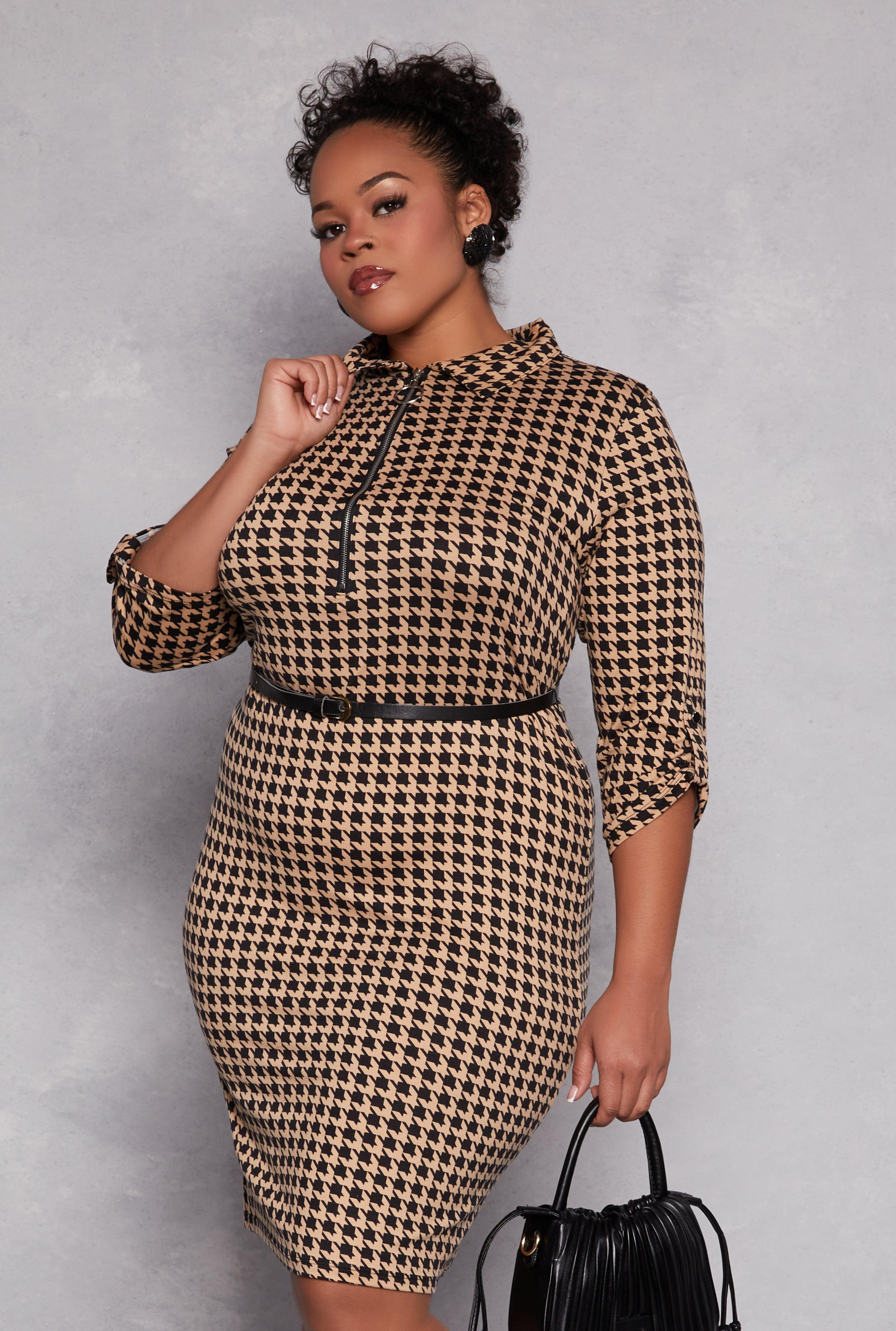 Womens Plus Size Houndstooth Half Zip Midi Dress Product Image