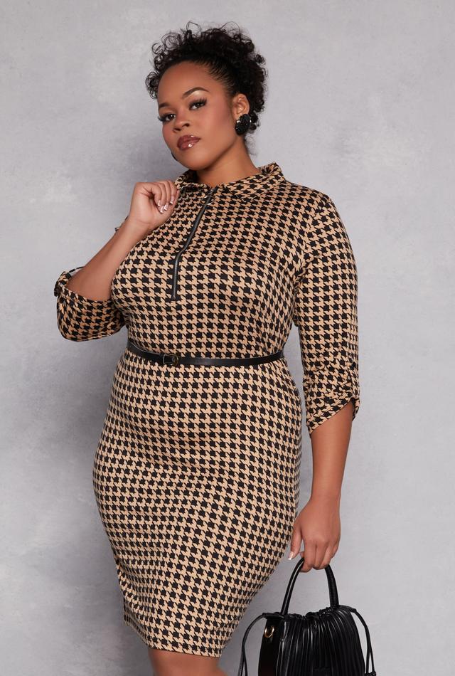 Womens Plus Size Houndstooth Half Zip Midi Dress Product Image