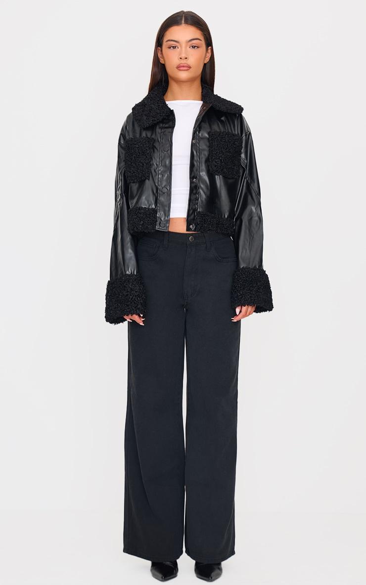 Black Borg Pocket Front Faux Leather Cropped Coat Product Image