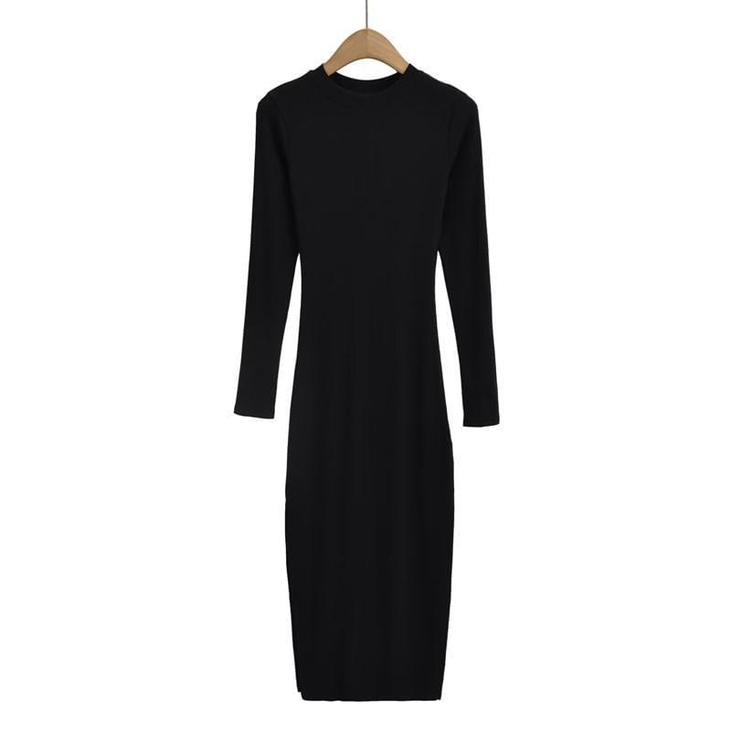 Long-Sleeve Crew Neck Plain Slit Midi Bodycon Dress Product Image