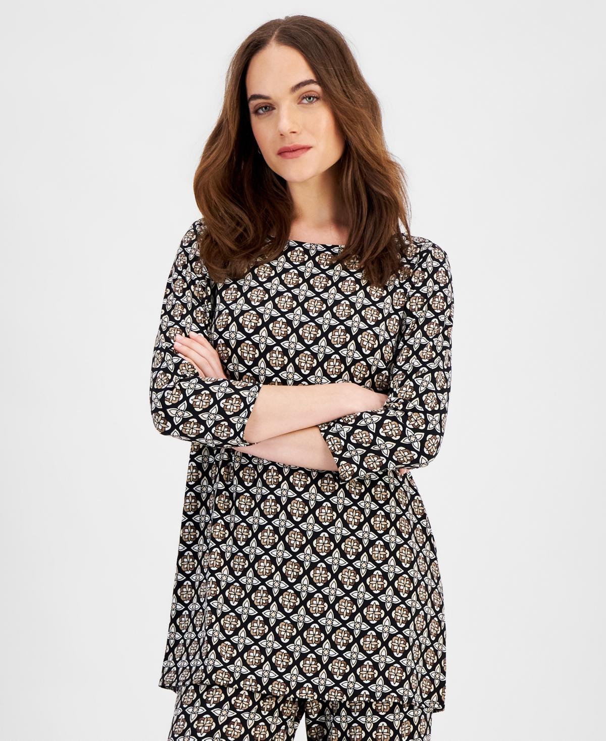 Jm Collection Womens Boatneck Printed 3/4-Sleeve Top, Created for Macys Product Image