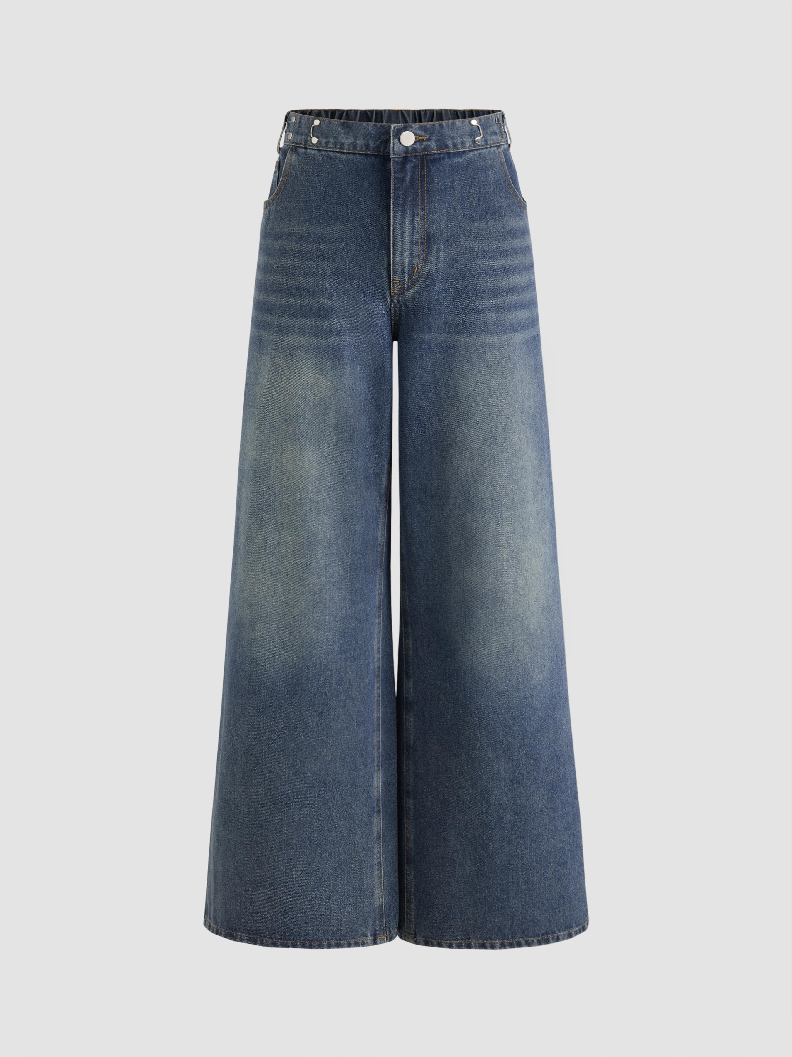 Denim High Rise Solid Pocket Wide Leg Jeans Product Image