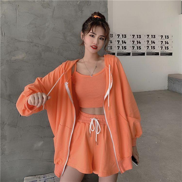 Set: Cropped Camisole Top + Drawstring Shorts + Zip-Up Hoodie Product Image