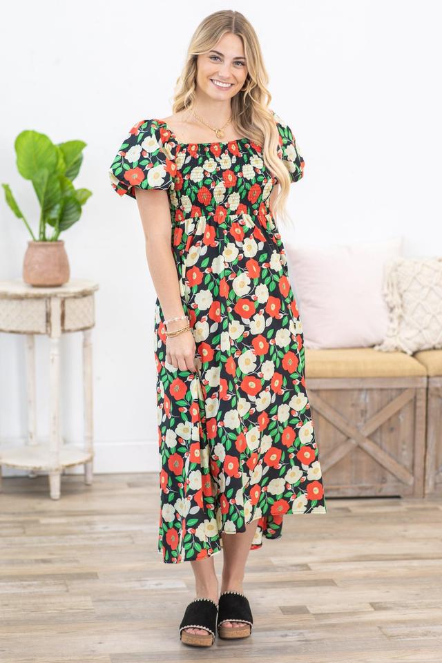 Black Floral Puff Short Sleeves Midi Dress Product Image