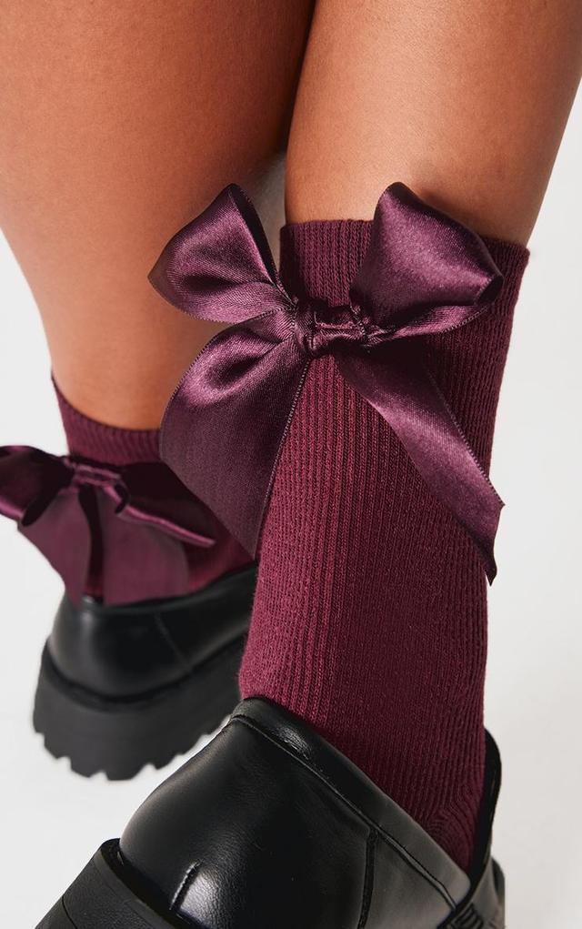 Burgundy Satin Bow Ribbed Ankle Socks Product Image