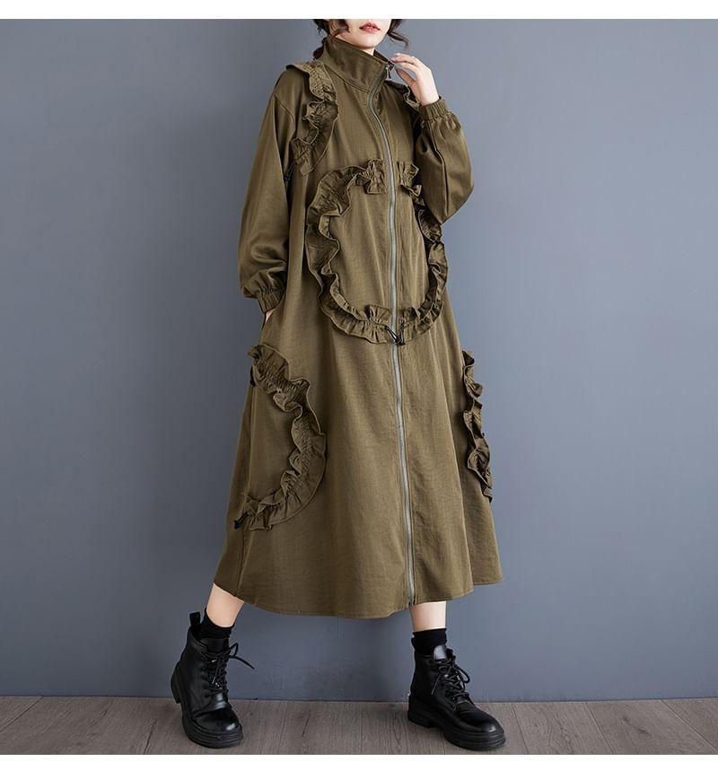 Mock Neck Frill Trim Plain Zip-Up Long Coat Product Image