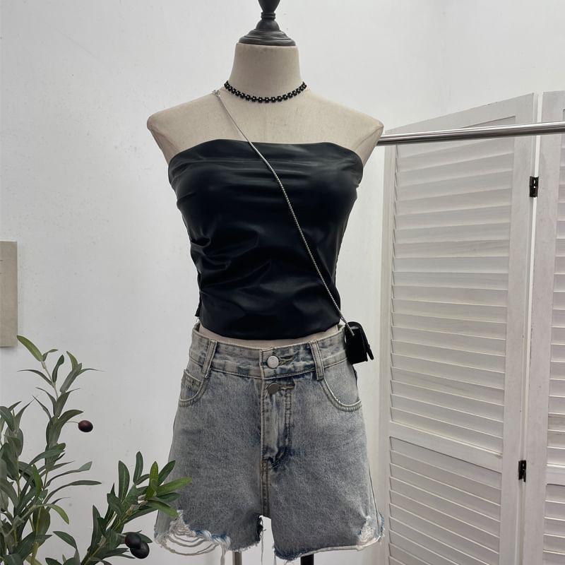 Strapless Faux Leather Plain Ruched Crop Top Product Image