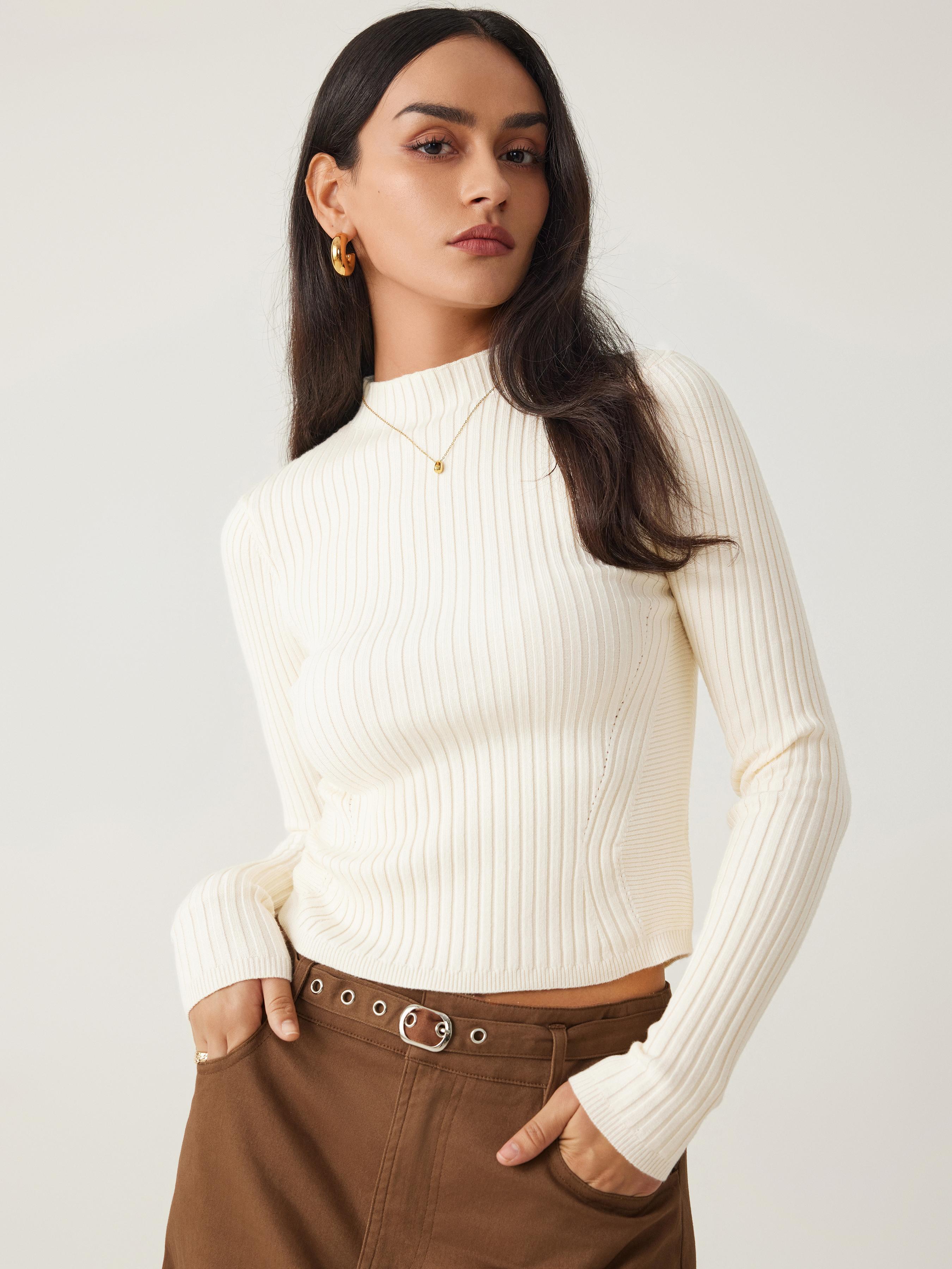 Rib Knit Stand Neck Solid Long Sleeve Top product image